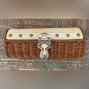 Michael Kors Brown Wicker Rattan Ivory Leather Clutch Handbag Purse Nickel Trim
